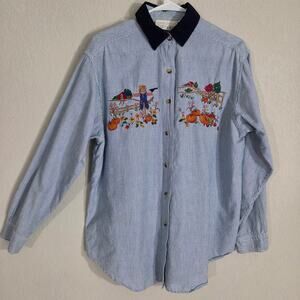 Fall Shirt Casey & Max Womens L Autumn Blue Stripe Pumpkin Scarecrow Vintage 90s